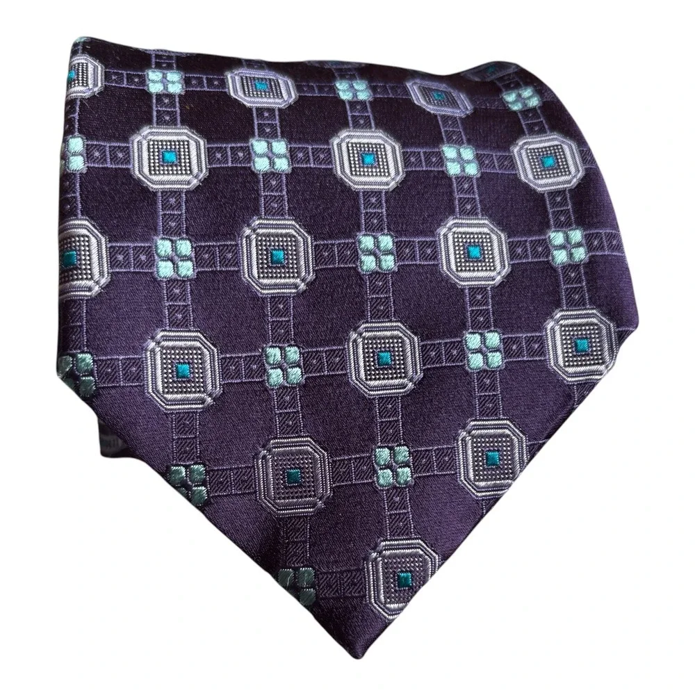 Canali Silk‎ Necktie Mens One Size Purple Geometric Medallion Made in Italy